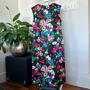 Women’s Floral Botanical Satin Cocktail Midi Dress Sz S/M Summer Black Red Crew